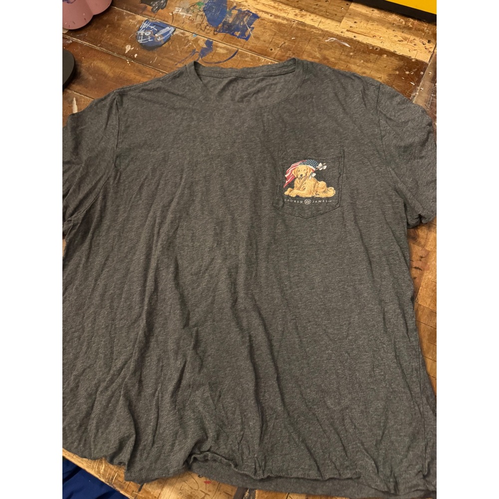 Lauren James Stay Golden America Golden Retriever Pocket Tee Charcoal Grey